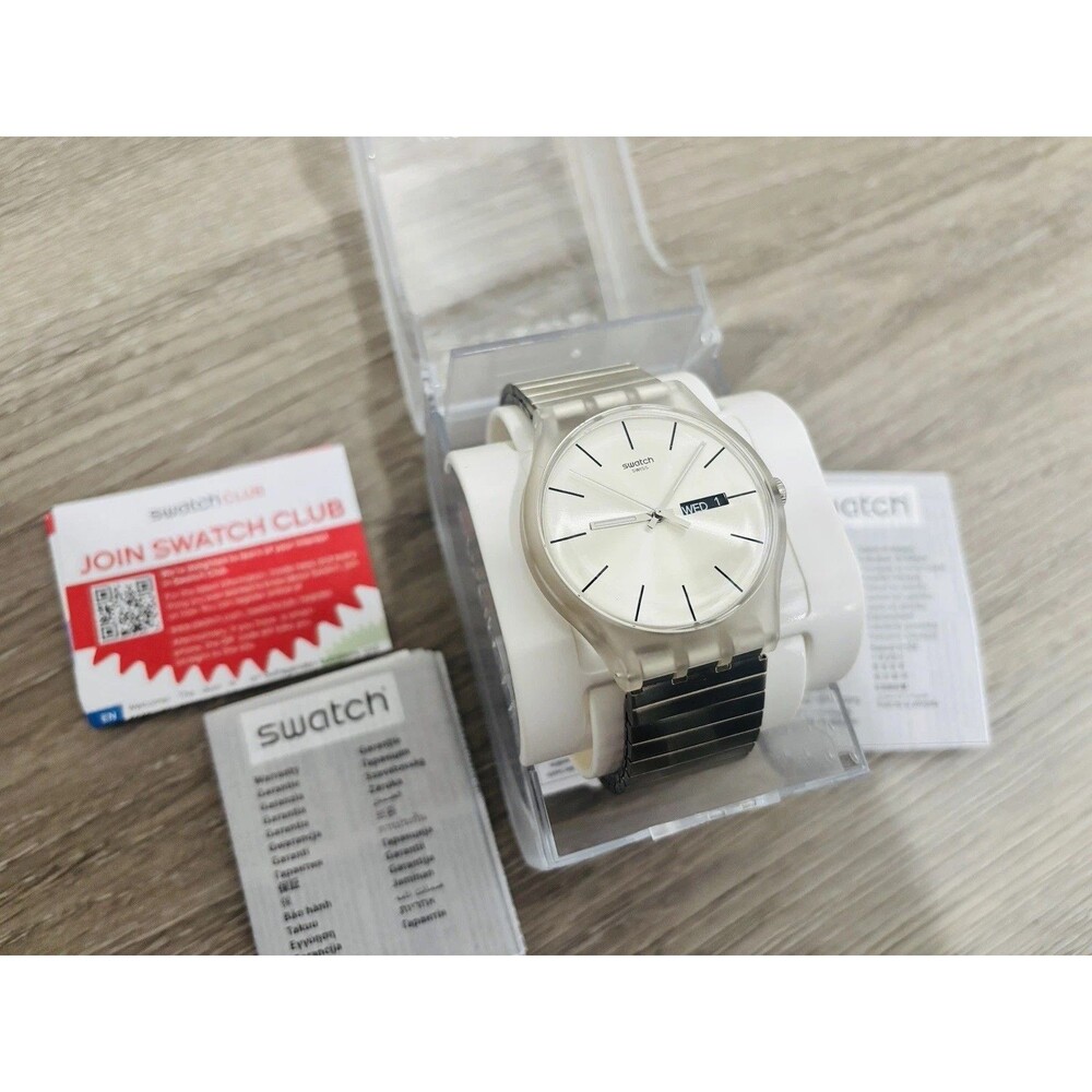 Swatch Resolution Unisex Watch SUOK700A Silver Dial Expansion Band NIB